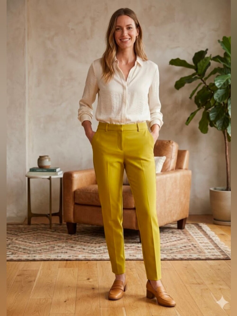 NWOT! Old Navy Yellow Green Harper Mid-rise Slim Fit Flat Front Trousers Size 0